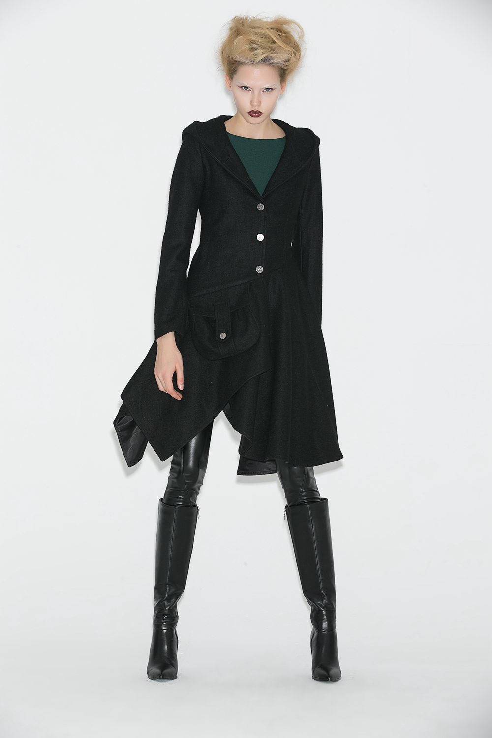 Black Swing Coat - Contemporary Unique Design Winter Jacket with Pixie Rag Hemline and Large Front Pocket C671