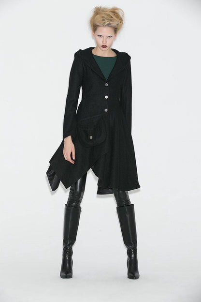 Black Swing Coat - Contemporary Unique Design Winter Jacket with Pixie Rag Hemline and Large Front Pocket C671