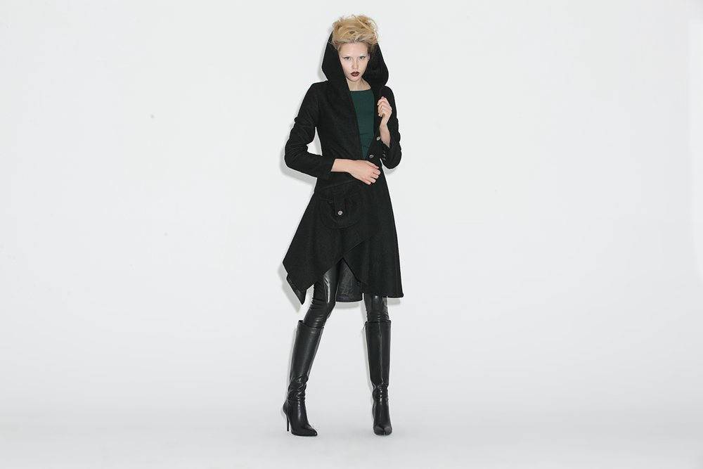 Black Swing Coat - Contemporary Unique Design Winter Jacket with Pixie Rag Hemline and Large Front Pocket C671