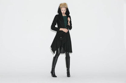 Black Swing Coat - Contemporary Unique Design Winter Jacket with Pixie Rag Hemline and Large Front Pocket C671