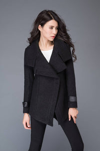 Women's Black asymmetrical wool jacket C987#