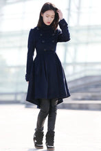 Load image into Gallery viewer, Blue coat, winter coat, wool coat, womens coat, midi wool coat, navy blue coat, coat, warm winter coat, Asymmetrical coat, warm coat C164
