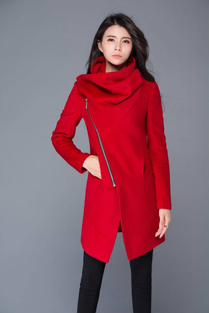 Red Coat, Asymmetrical coat, cowl neck jacket, coats, wool coat, wollmantel, women wool coat, wool jacket asymmetriccal, winter coat C1025