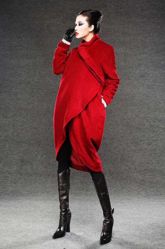 Wool Coat, red coat, jacket, winter coat, long coat, Asymmetrical coat, red wool coat, warm coat, womens coat, loose coat  C026