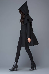 black coat, Wool coat, womens coats, winter coat, black wool coat, hooded cloak, hoody coat, wool coat women, vintage wool coat C1023