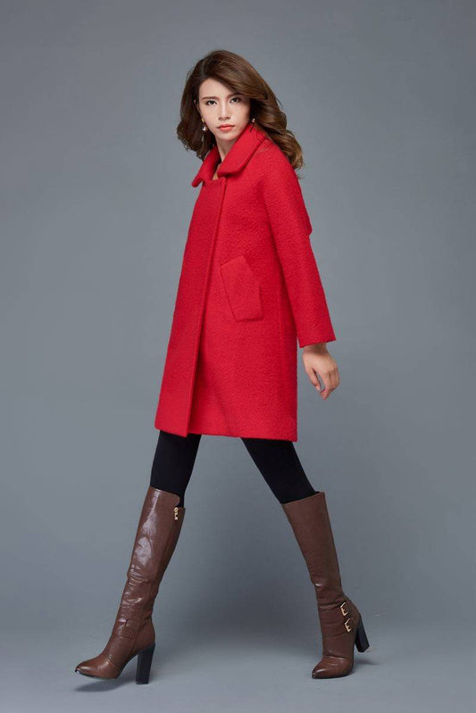 Red Wool Coat - Short Length, Double Breasted with Invisible Buttons C960