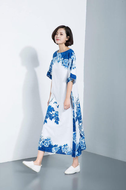 linen dress, linen dress woman, print linen dress, maxi dress, womens dress, linen dress plus size, womens dresses, long dress C1117
