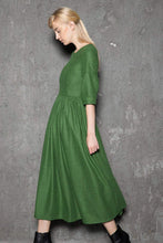 Load image into Gallery viewer, Simple Wool Dress - Emerald Green Elegant Feminine Minimal Contemporary Pleated Long Woman&#39;s Dress with Three-Quarter Sleeves C727
