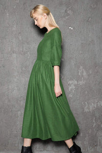 Simple Wool Dress - Emerald Green Elegant Feminine Minimal Contemporary Pleated Long Woman's Dress with Three-Quarter Sleeves C727