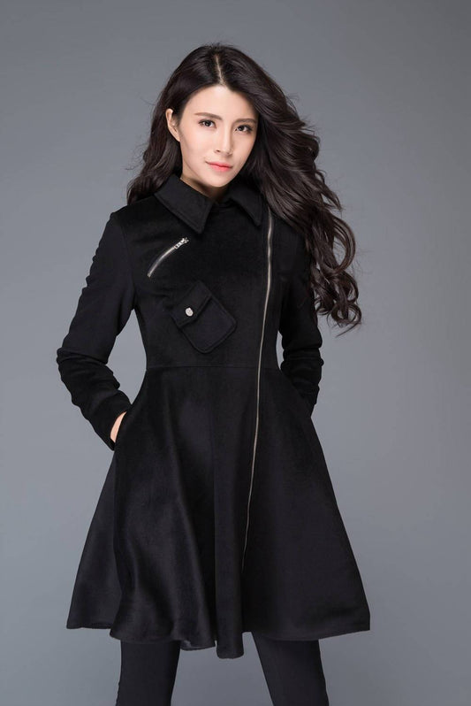 Black Wool Fit and Flare Coat - Asymmetric Zipper Detail C990
