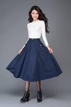 Load image into Gallery viewer, Blue wool skirt, winter skirt, pocket skirt, midi skirt, blue skirt, womens skirts, high waist skirt, vintage skirts, custom skirt C1007
