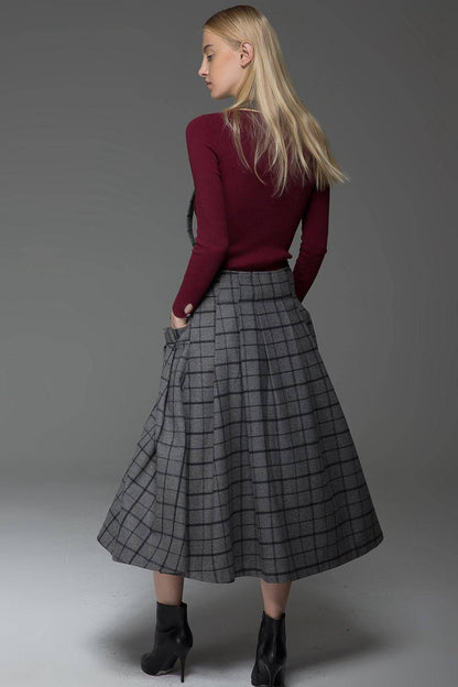 plaid skirt, Suspender skirt, wool plaid skirt, long skirt, buttons skirt, country style skirt, grey skirt, gray skirt, womens skirts C767