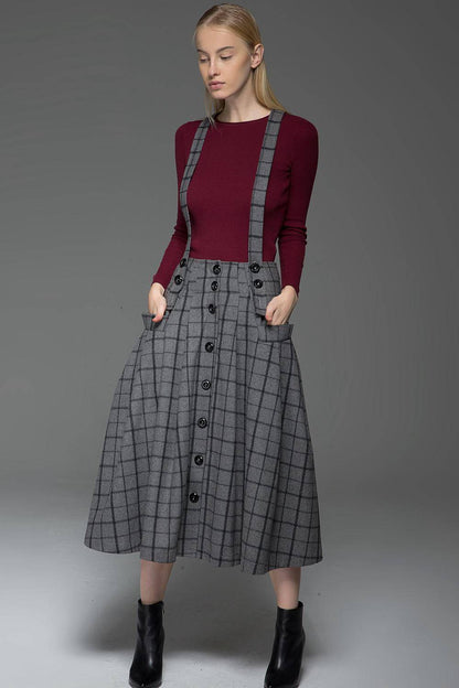plaid skirt, Suspender skirt, wool plaid skirt, long skirt, buttons skirt, country style skirt, grey skirt, gray skirt, womens skirts C767