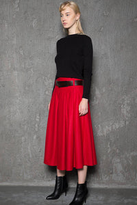 red wool skirt, winter wool skirt, 1950s skirt, wool skirts, winter skirt, midi skirt, vintage skirt with pockets C729