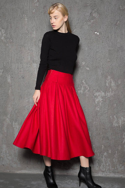 red wool skirt, winter wool skirt, 1950s skirt, wool skirts, winter skirt, midi skirt, vintage skirt with pockets C729