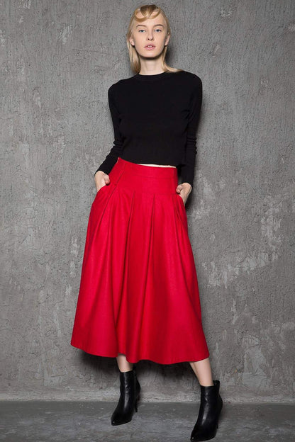 red wool skirt, winter wool skirt, 1950s skirt, wool skirts, winter skirt, midi skirt, vintage skirt with pockets C729