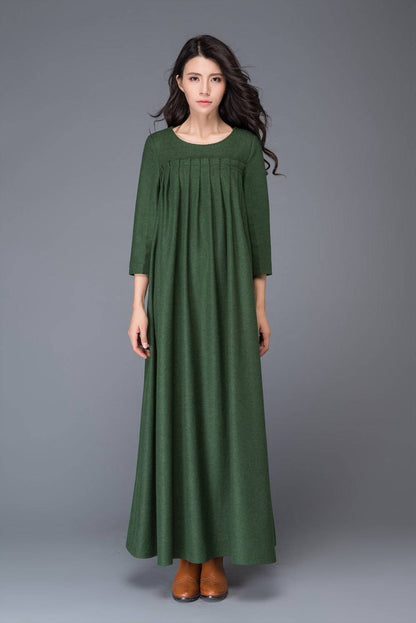 Green dress, Wool dress, winter dress, maxi dress, womens dress, pleated dress, green wool dress, maxi wool dress, womens wool dress C1013