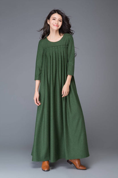 Green dress, Wool dress, winter dress, maxi dress, womens dress, pleated dress, green wool dress, maxi wool dress, womens wool dress C1013