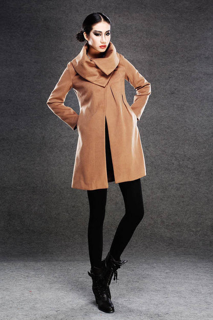 Brown Winter Coat - Cashmere Wool Blend Womens Autumn Winter Midi Swing Coat with Chunky Large Cowl Collar & Side Pockets C142