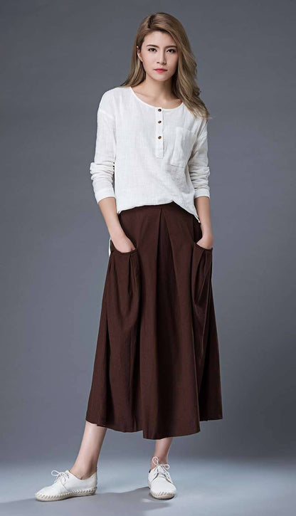 Tea length skirt, Linen Skirt, brown linen skirt, midi skirt, womens skirts, linen skirt pockets, summer skirt, made to order C872