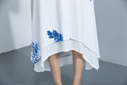 Linen dress, womens dresses, white dress, blue dress, flower dress, white maxi dress, causal dress, vintage dress, maxi dress  C1133