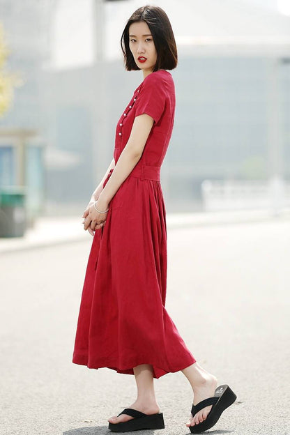 Dress, red dress, linen dress, casual dress, summer dress, maxi dress, long dress, womens dresses, pleated dress, dress pockets C345