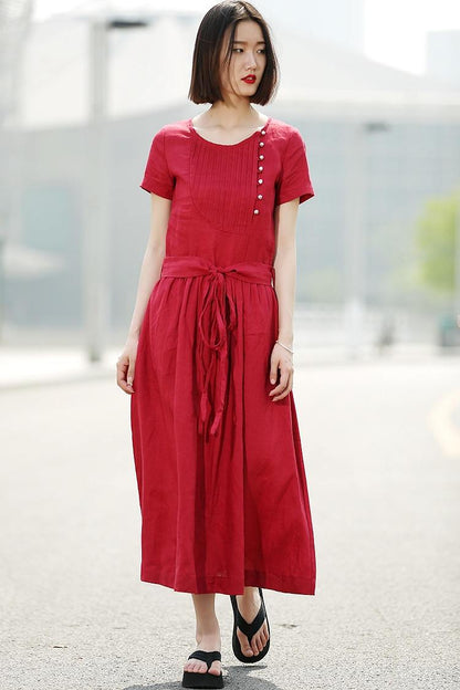 Dress, red dress, linen dress, casual dress, summer dress, maxi dress, long dress, womens dresses, pleated dress, dress pockets C345