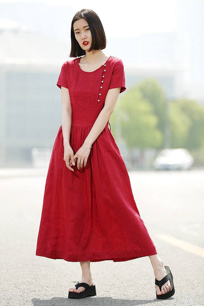 Dress, red dress, linen dress, casual dress, summer dress, maxi dress, long dress, womens dresses, pleated dress, dress pockets C345