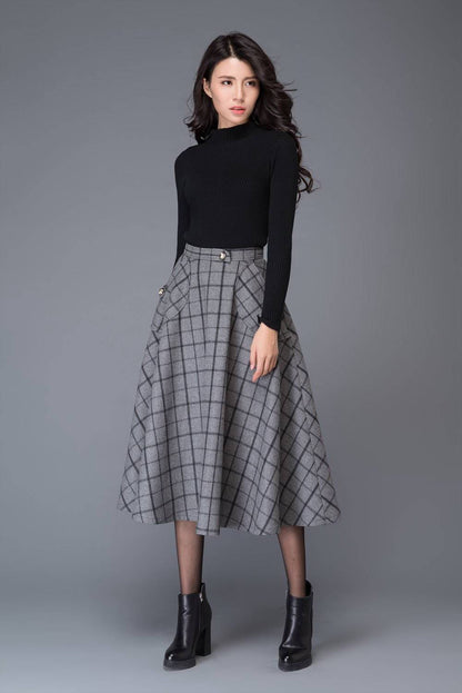 plaid skirt, Gray Skirts, wool skirt, midi skirt, womens skirts, skirt with pockets, winter skirt, plaid wool skirt, wool plaid skirt  C1005