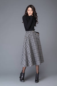 plaid skirt, Gray Skirts, wool skirt, midi skirt, womens skirts, skirt with pockets, winter skirt, plaid wool skirt, wool plaid skirt  C1005