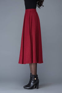 High waist A Line Pleated wool skirt in red C1032
