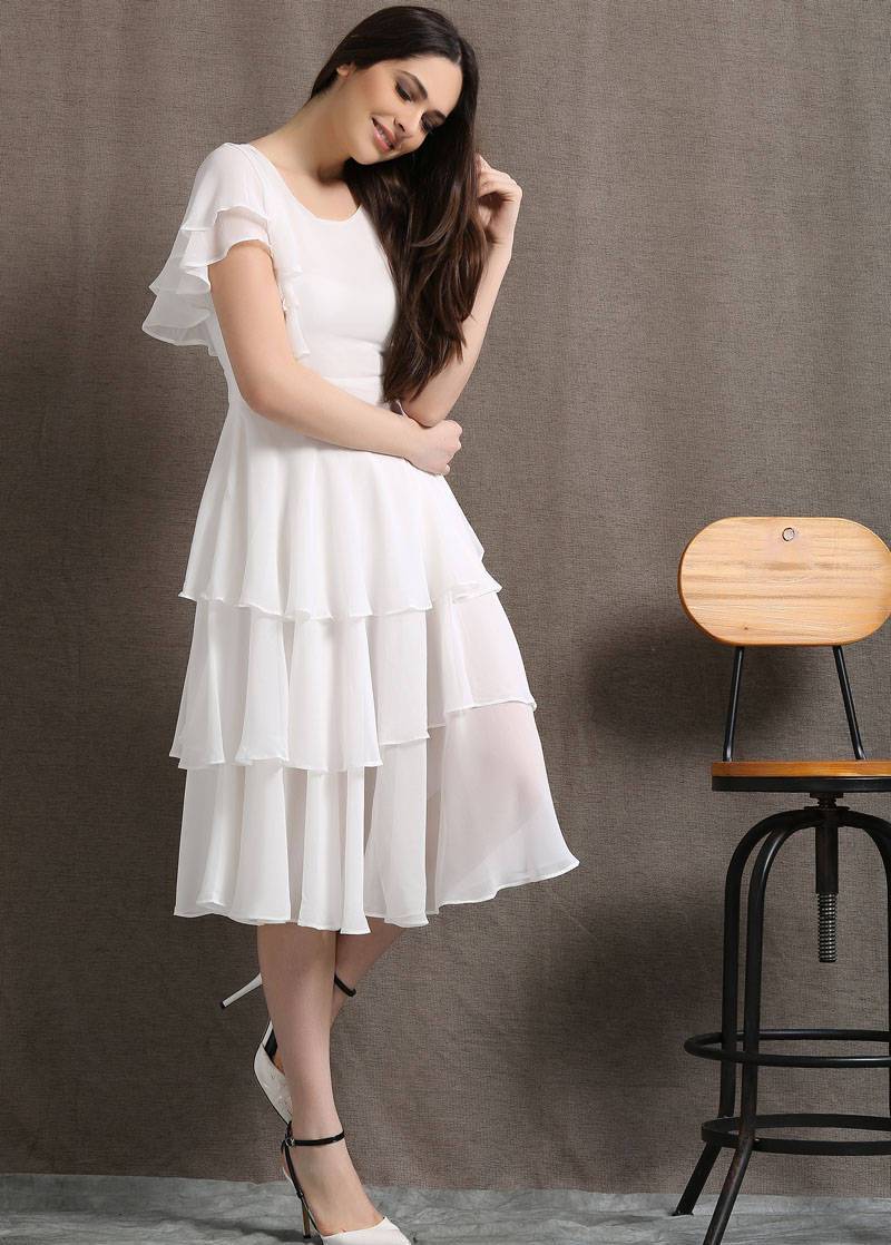 Womens white chiffon midi dress party dress C429