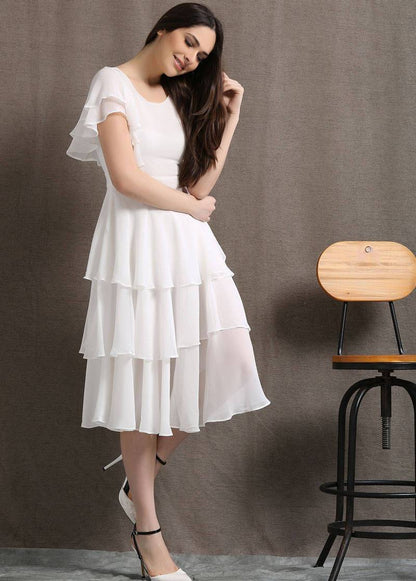 Womens white chiffon midi dress party dress C429