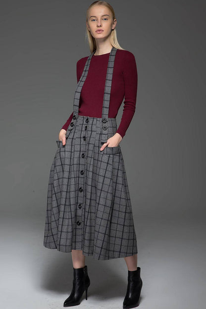 plaid skirt, Suspender skirt, wool plaid skirt, long skirt, buttons skirt, country style skirt, grey skirt, gray skirt, womens skirts C767