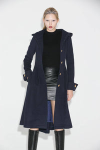 Blue wool coat, wool coat, Winter Coat, Hooded coat, womens coats, military Coat, coats, asymmetrical coat, long coat C684