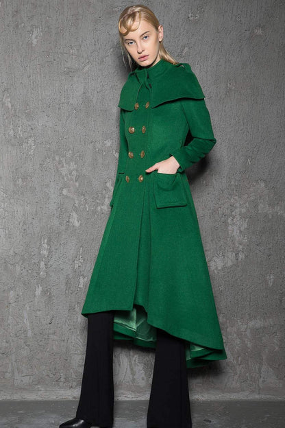 Green Long Coat, Emerald Capelet Coat, Designer Tailored Handmade Double-Breasted Asymmetrical Unique Woman's Coat, Winter Coat C714