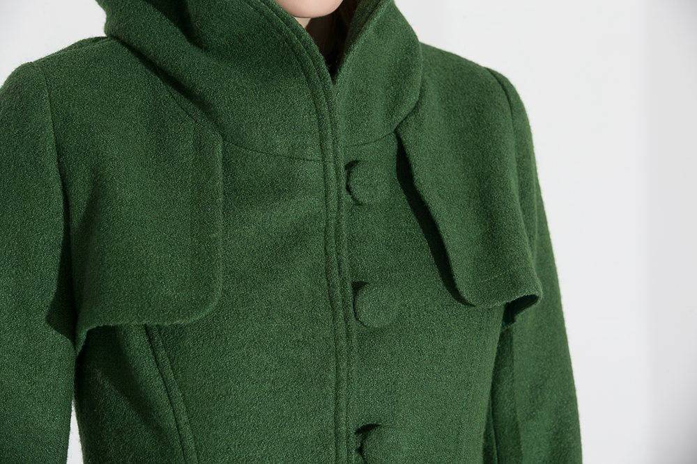 Green Coat, womens coat, wool coat, long coat, Long Fitted Hooded Single-Breasted Fully Lined Womens  Autumn Winter Outerwear  C683