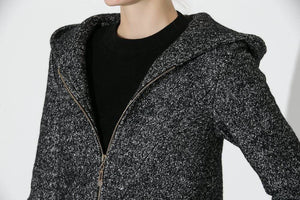Hooded Winter Coat, Gray Mid Length Womens Jacket, Zipper Closure and Tulip Shape Hemline Womens Outerwear, Winter Coat C672