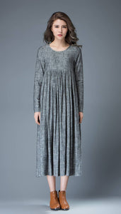 Casual Gray Dress - Comfortable Linen Loose-Fitting Long Sleeved Everday Marl Grey Midi-Length Woman's Dress C808