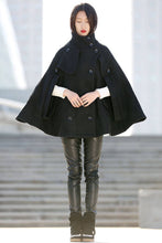 Load image into Gallery viewer, Winter Wool Cape Coat - Black Poncho Style High Collar Short Women Cloak Jacket - C193

