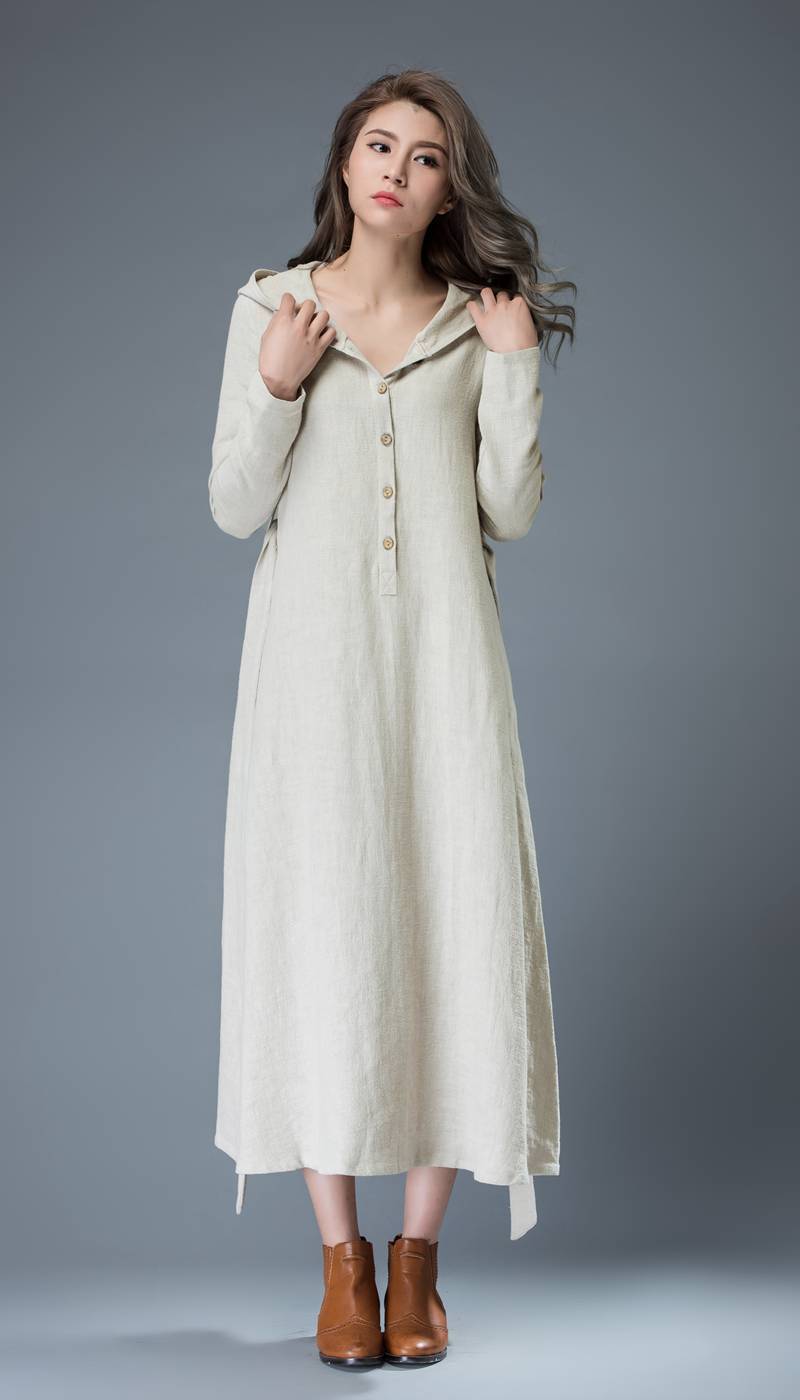 gray linen dress, hooded linen dress, linen dress, maxi dress, women dresses, long sleeve dress, casual dress, linen dress women C814