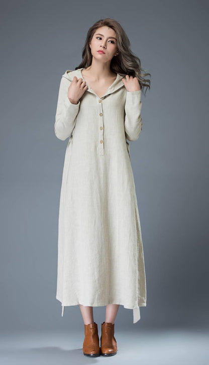 gray linen dress, hooded linen dress, linen dress, maxi dress, women dresses, long sleeve dress, casual dress, linen dress women C814