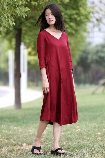 Red Linen Dress - Midi Length Loose-Fitting Plus Size V-Neck Casual Everyday Comfortable Womens Clothing C264