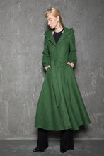 Load image into Gallery viewer, Maxi coat, wool coat, Green wool coat, emerald green coat, fit and flare coat, womens coats, hooded coat, ruffle coat, winter coat C785

