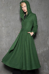 Maxi coat, wool coat, Green wool coat, emerald green coat, fit and flare coat, womens coats, hooded coat, ruffle coat, winter coat C785