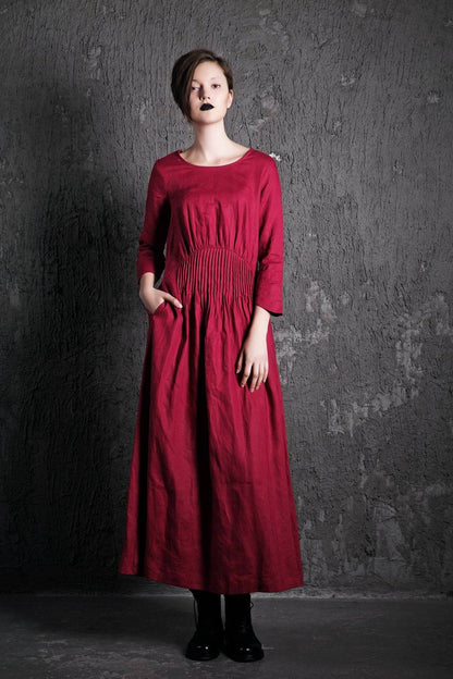 Red Linen Maxi Dress - Raspberry Fit & Flare with Pintuck Pleated Waist Summer Fall Fashion Womens Dress （C500）