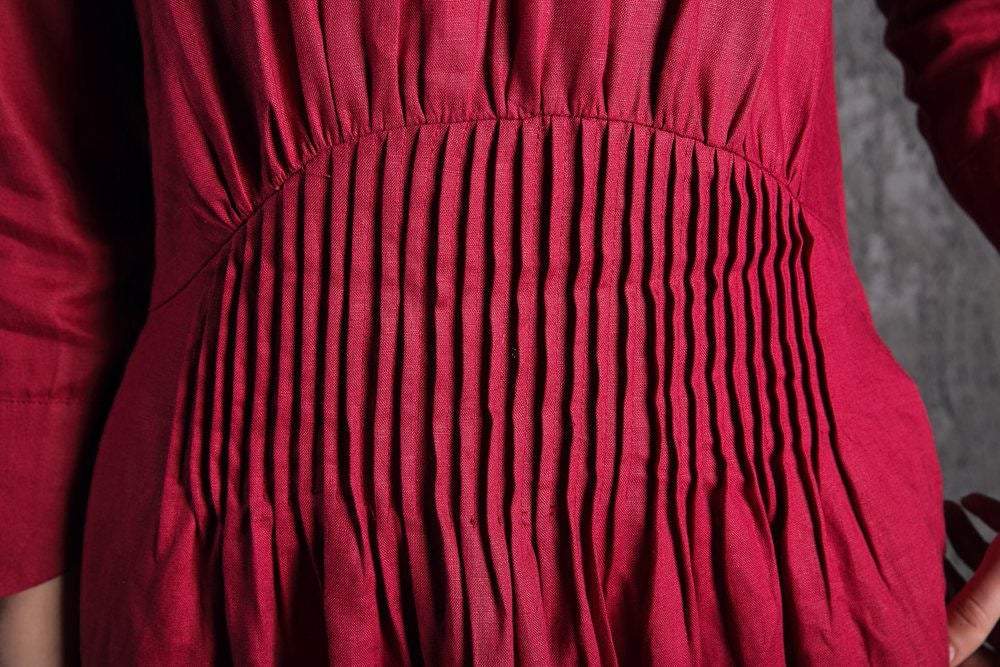 Red Linen Maxi Dress - Raspberry Fit & Flare with Pintuck Pleated Waist Summer Fall Fashion Womens Dress （C500）