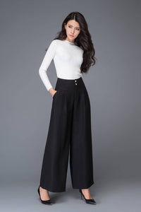 Long black winter wool pants with pockets C1014