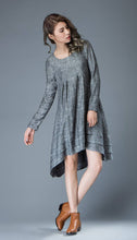 Load image into Gallery viewer, Marl Gray Lagenlook Dress - Linen Loose-Fitting Long-Sleeved Round Neck Asymmetrical Dress with Tiered Pleated Hemline C810
