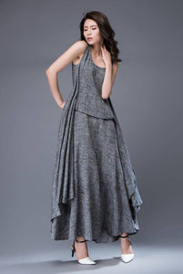 Gray Linen Dress - Layered Flowing Elegant Long Sleeve Long Summer Dress with Scoop Neck Handmade Clothing C881